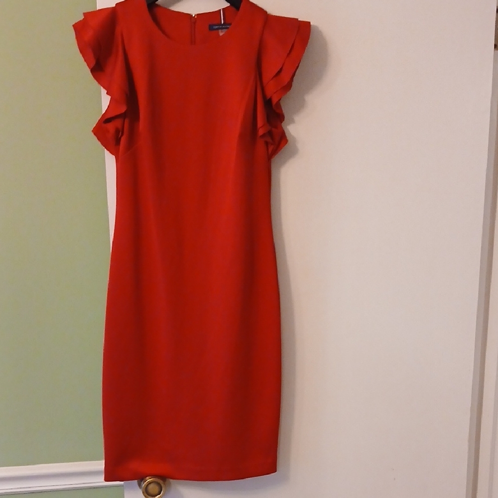 Tommy Hilfiger Red Sheath Dress with Ruffle Sleeves